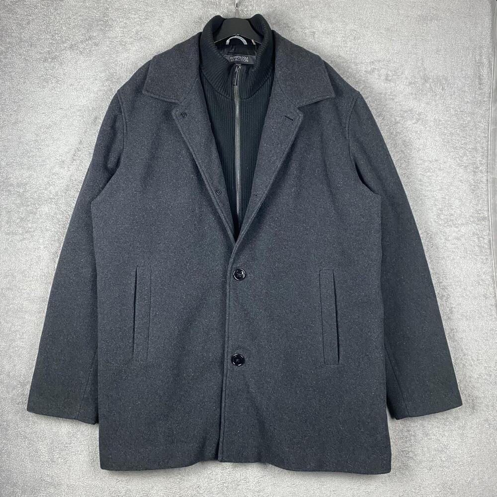 Kenneth Cole Reaction Coat Mens 2XT Charcoal Wool Blend Car Coat Zip Front Bib